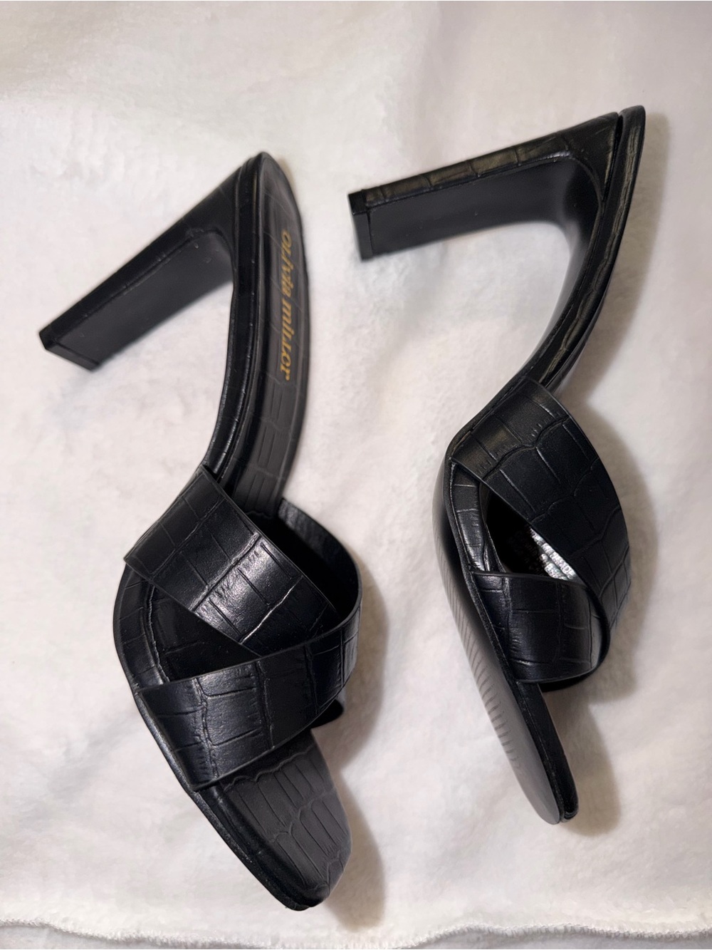 Olivia Miller Women’s Size 9 Black Croc Embossed Cross Strap Heeled Sandals - Picture 5 of 8